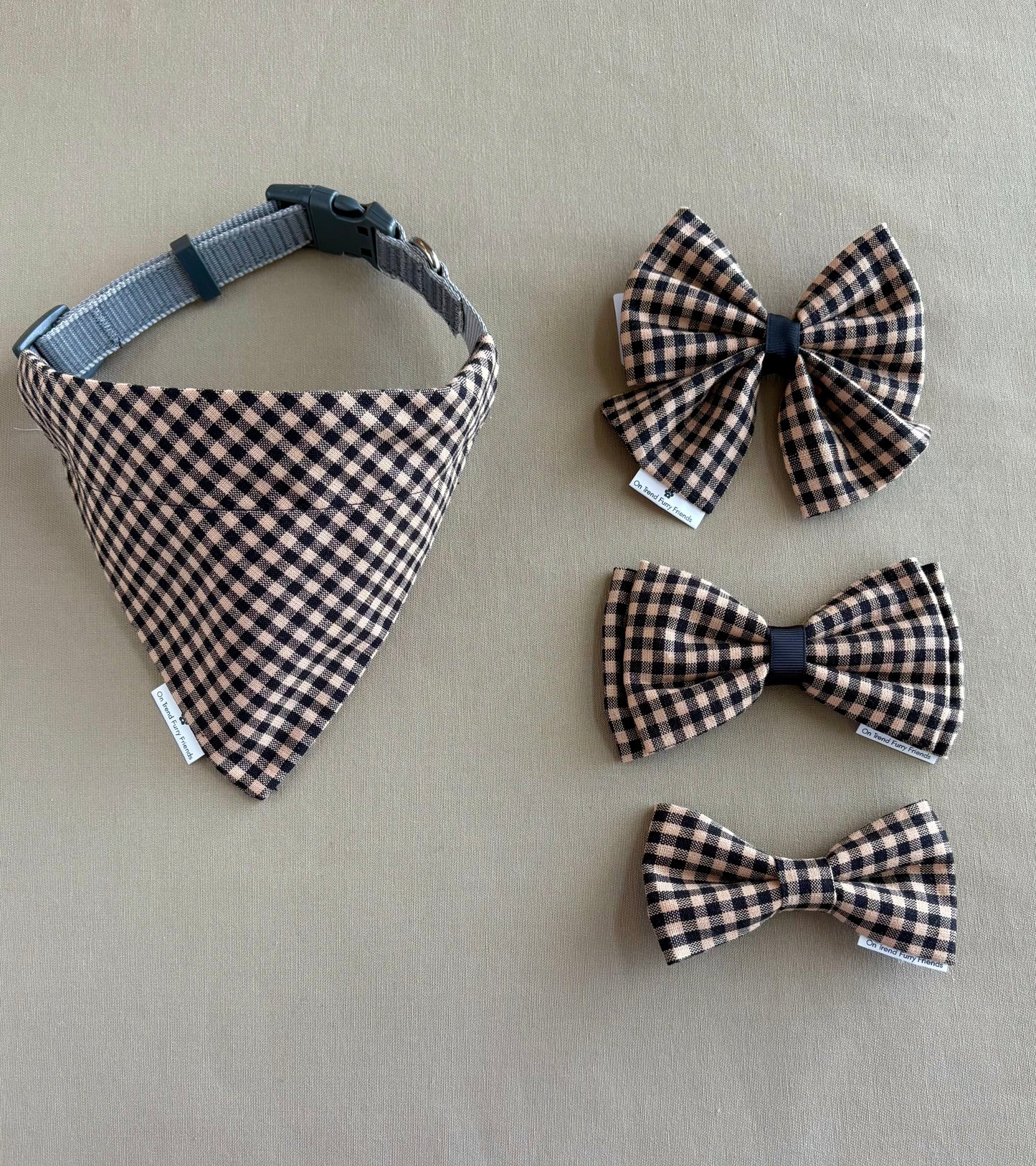Black and Tan Gingham Pet Scarf and Bows