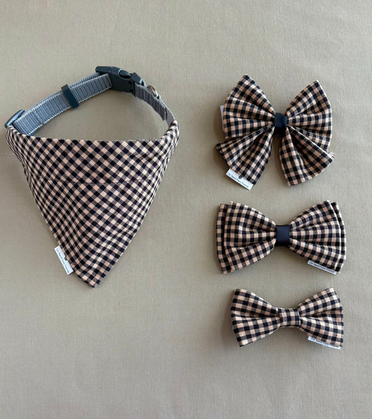 Black and Tan Gingham Pet Scarf and Bows