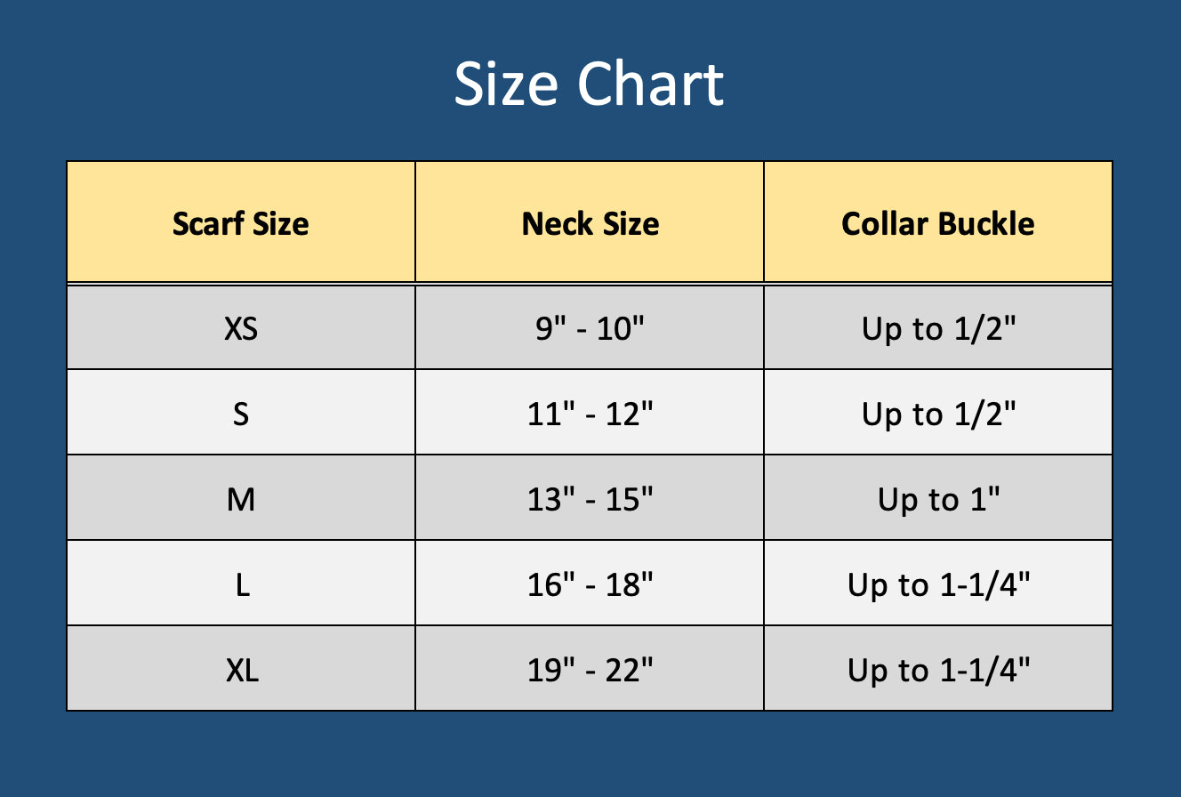 Size chart for pet scarves. Sized from extra small to extra large based on the neck size of your pet.