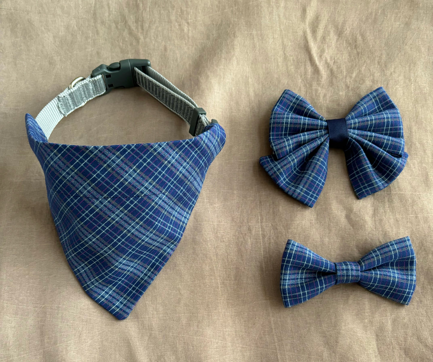 Navy Plaid Pet Scarf and Bows