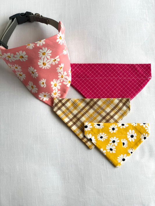 Daisies and Plaids for Pets, Pet Scarf, Pet Bandana, Over-the-Collar, Flowers, Daisies, Plaid, Pink, Yellow, Gift for Pets, Dog Bandana